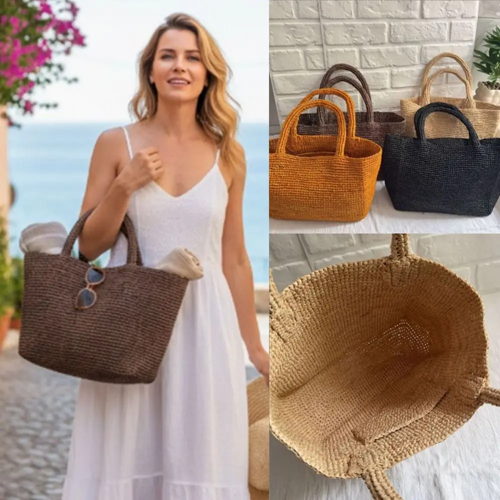 Natural Handmade Raffia Straw Bag Straw Material Double Handles Woven Beach Bag Woven Design Handbag Beach Outing