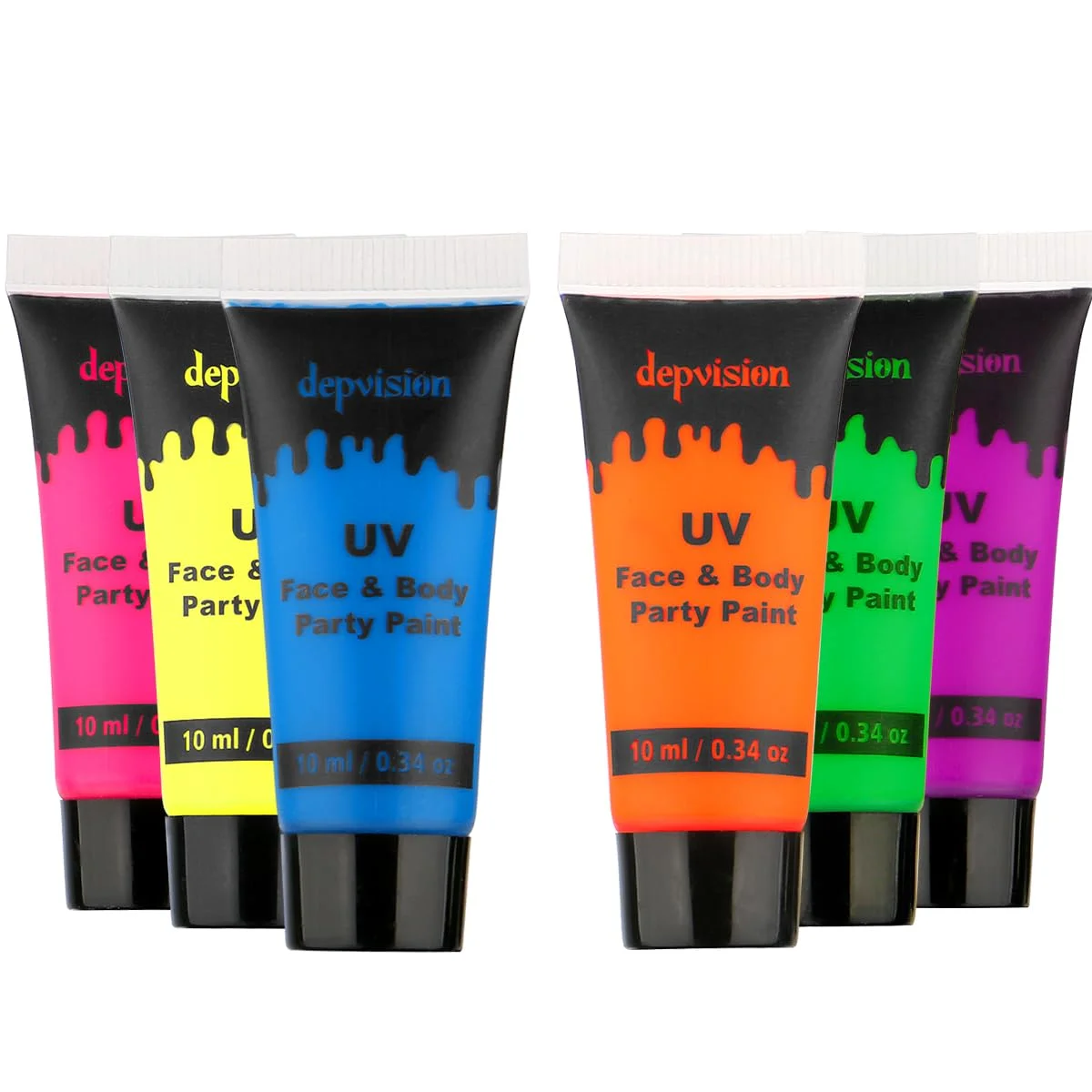 

Depvision Glow in the Dark UV Face and Body Paint 6*10ml Neon Blacklight 0.34oz Reactive Fluorescent for Party Non-toxic