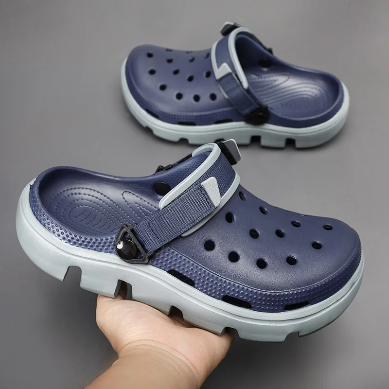 Zapatilla de verano para hombre, zapatillas de suela gruesa, zuecos de playa, Sandalias planas deportivas informales transpirables, 2024