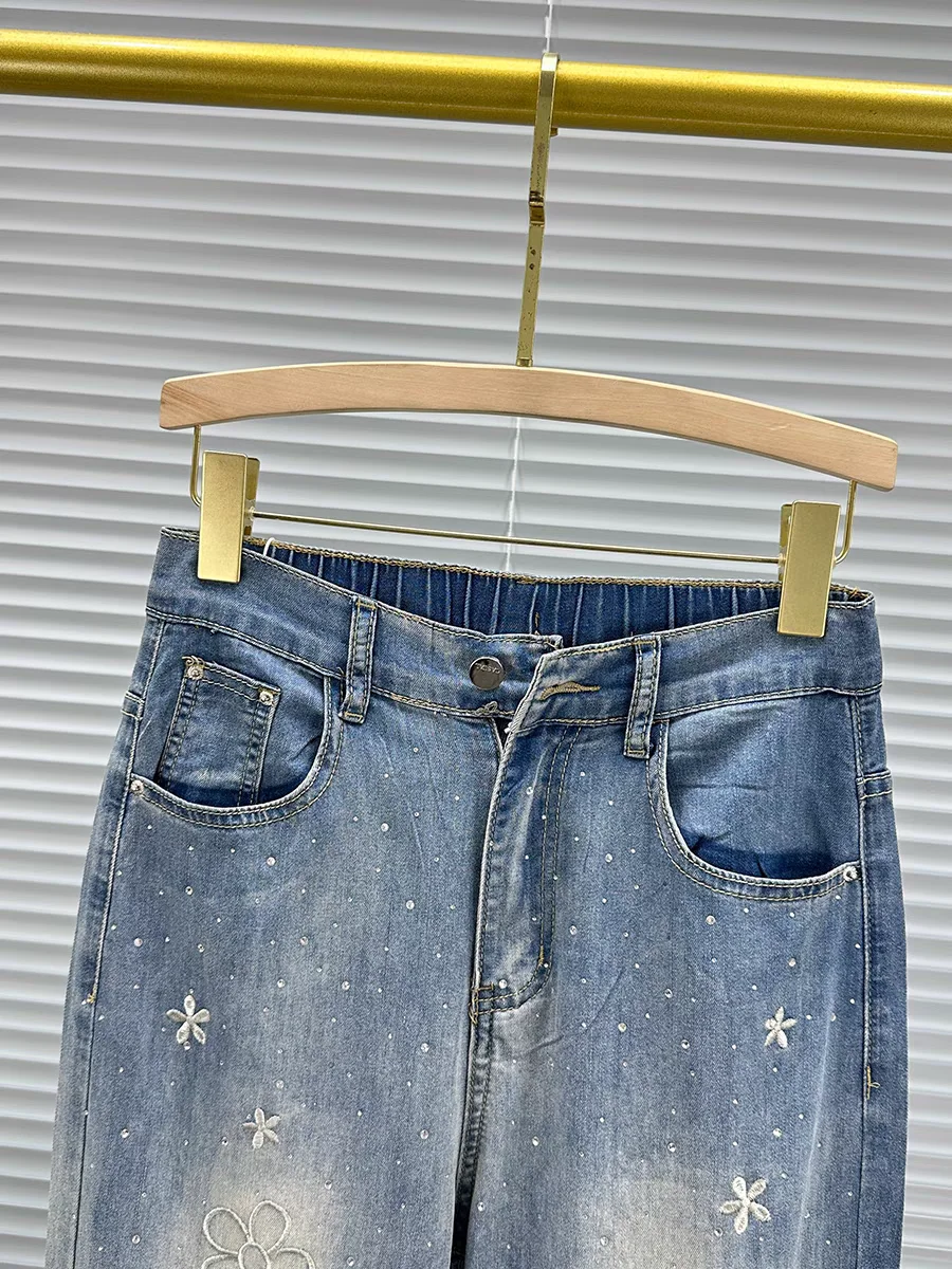 Embroidered jeans women\'s new thin casual pants in the summer of 2024, high waist, loose hot drilling and wild wide-leg pants.