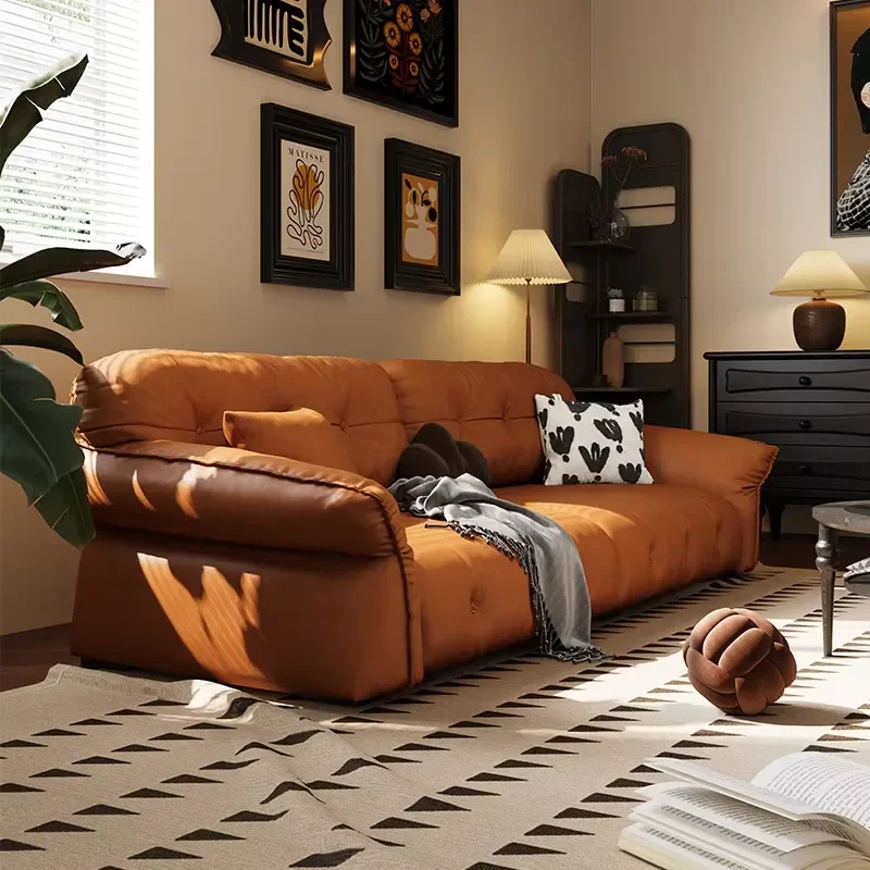Modern First Layer Cowhide Reclining Square Three Seat Sofa Set for Small Space Living Room