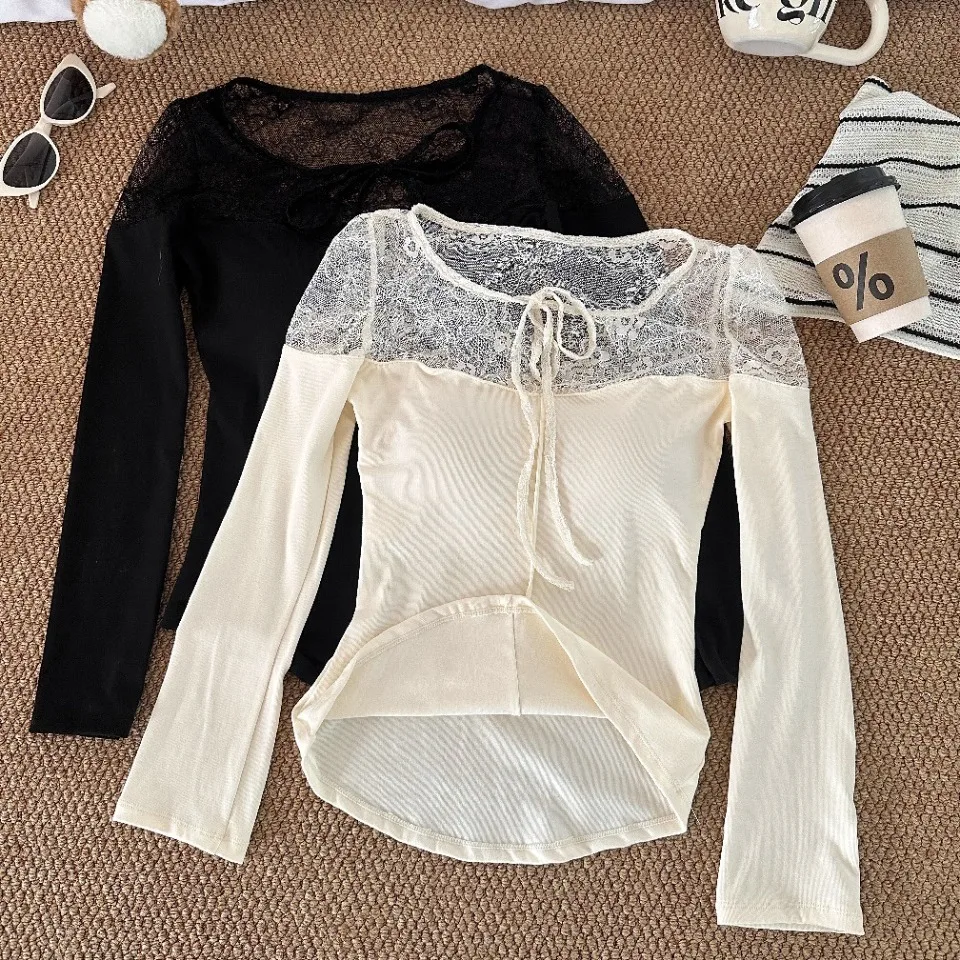 Sexy Lace Hollow out Long Sleeve T-Shirt Women's Slim Fit Fixed Strap Chest Pad Top Cotton Nylon Spandex Blend Casual Wear