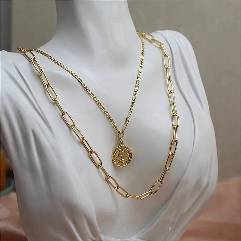 

One card two set necklace gold bare chain human head coin simple atmosphere Korean version fashion female collarbone chain