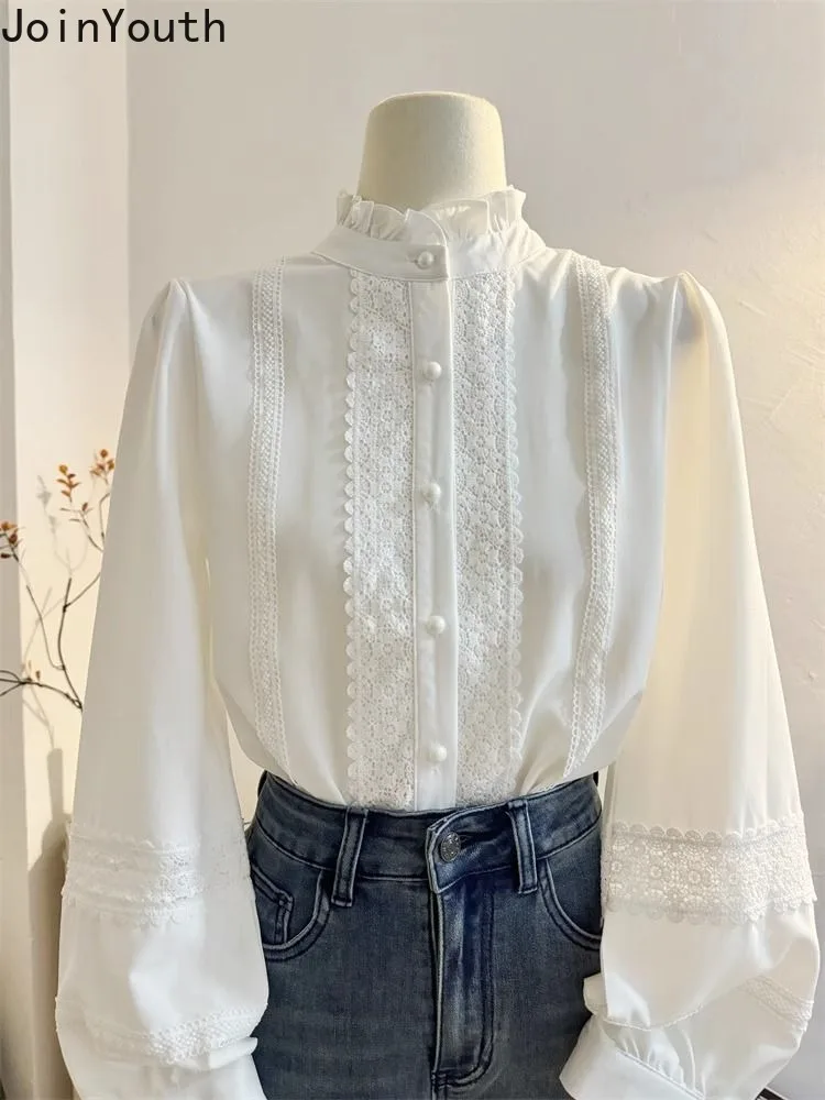 2025 Blusas Mujer De Moda Stand Neck Ruffles Long Sleeve Blouse Women Clothing White Tops Fashion Lantern Sleeve Sweet Shirts