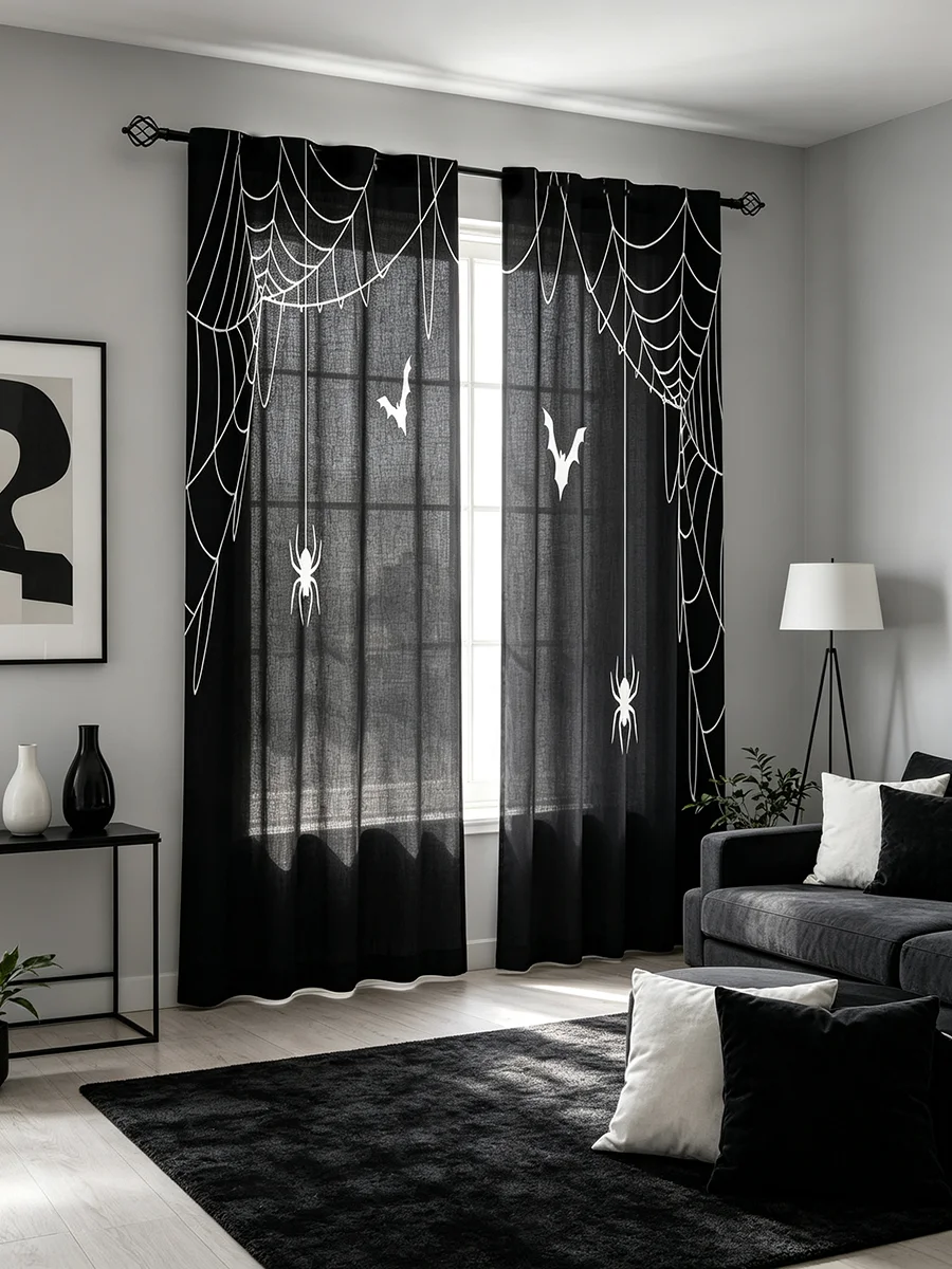 2PCS Halloween Curtains, Spider Web Bat Spider Print, Spooky Window Drapes for Halloween Party Bedroom Living Room