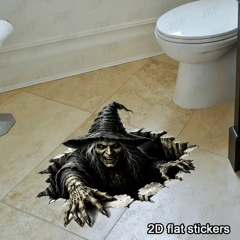 1 2D realistic cracked witch wall sticker, Halloween cracked floor sticker, creative home holiday decoration, 2D flat