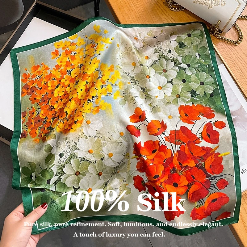 

Luxury 53cm Small Square Real Silk Scarf Women 100% Mulberry Silk Neck Scarf Hair Wrap Tie Bandana Bag Hairband Pashmina Poncho