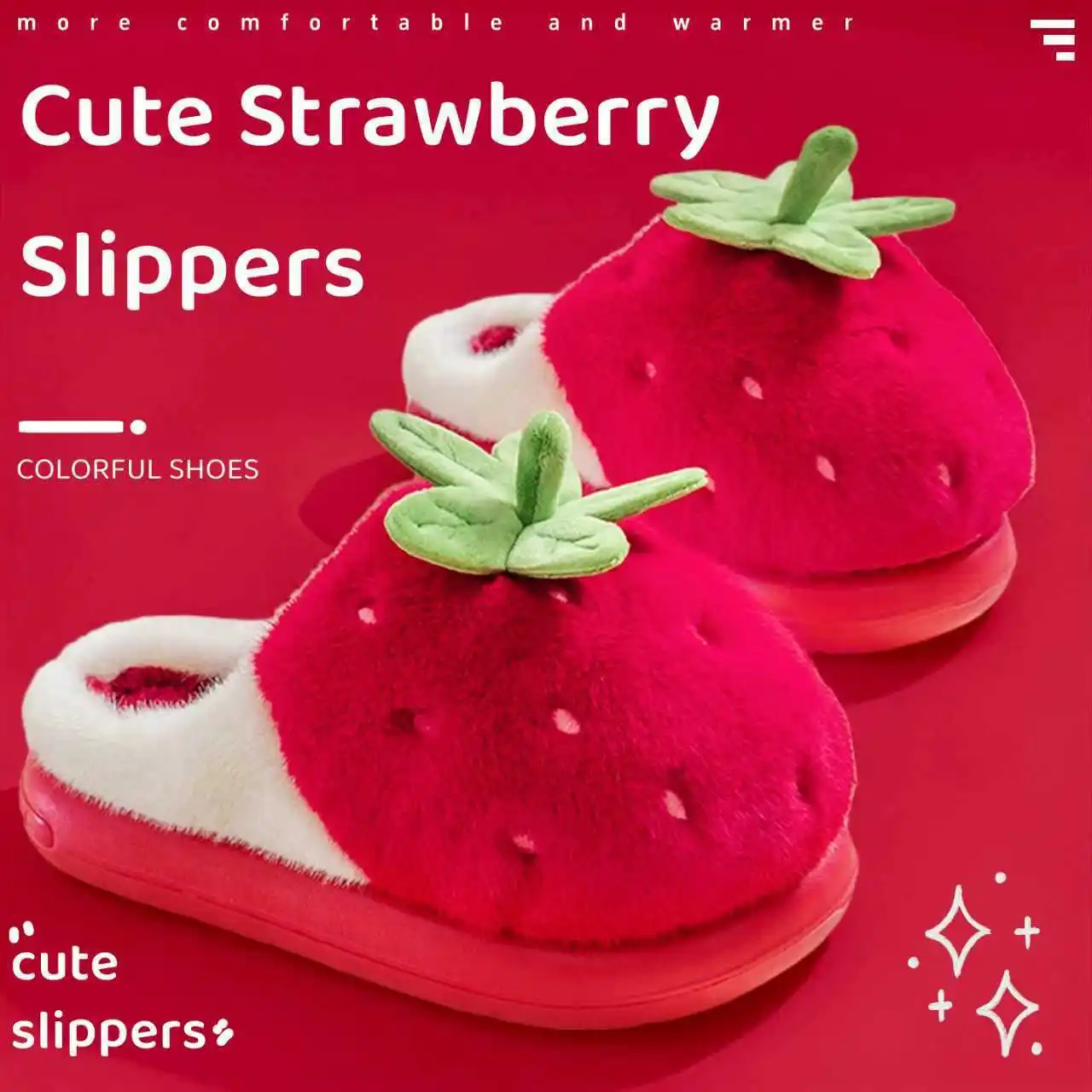 

Women's Cartoon Strawberry Cotton Slippers Women's Thick-Soled Home Slippers for Fall/Winter Plush, Warm, and Non-Slip