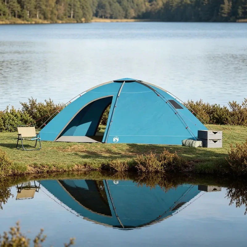 Campingzelt für 8 Personen, blau, wasserdicht, geeignet für Camping im Freien.