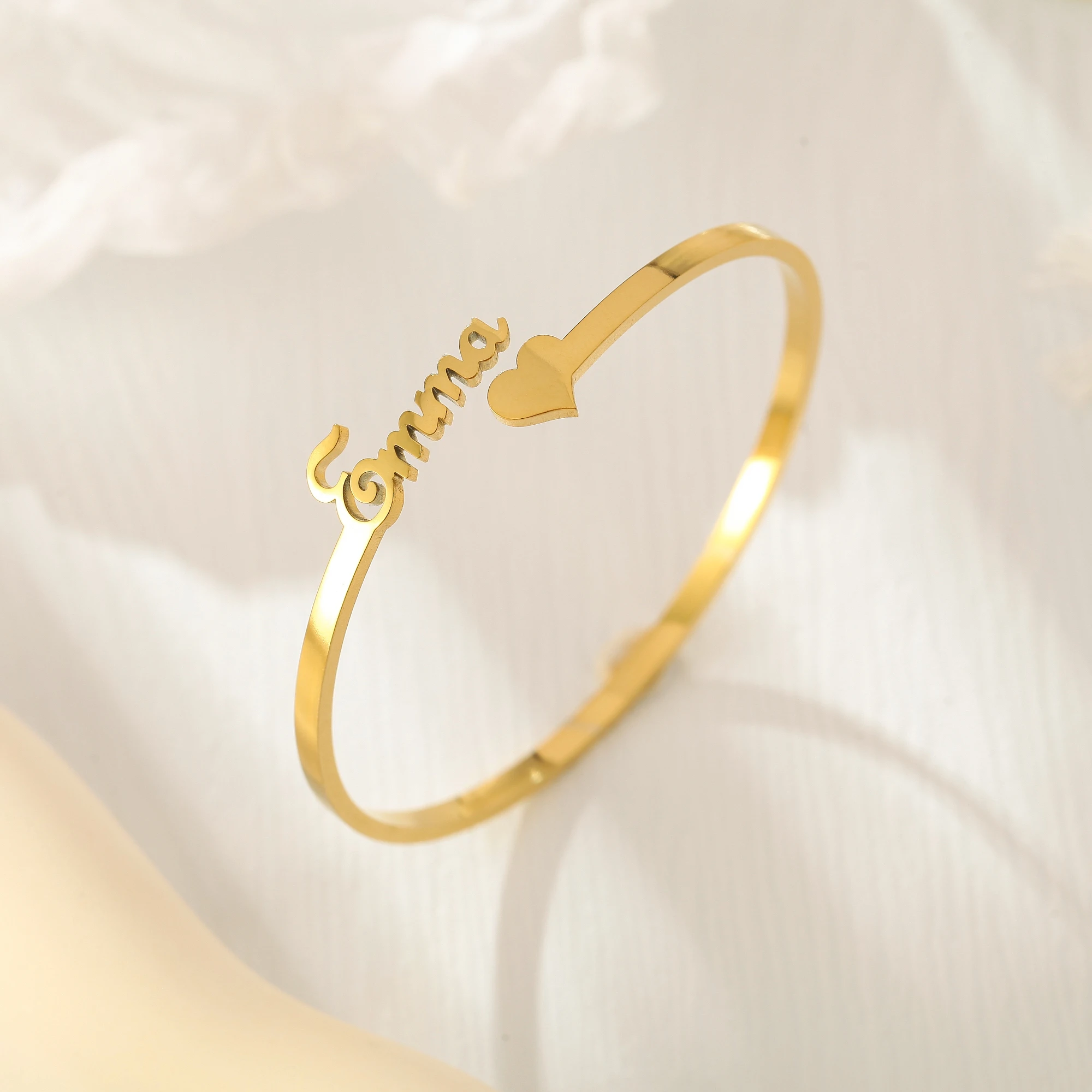 Stainless Steel Custom Heart Name Bangle Personalized Text Bracelet Jewelry Adjustable Stainless Steel Cuff Gift For Her