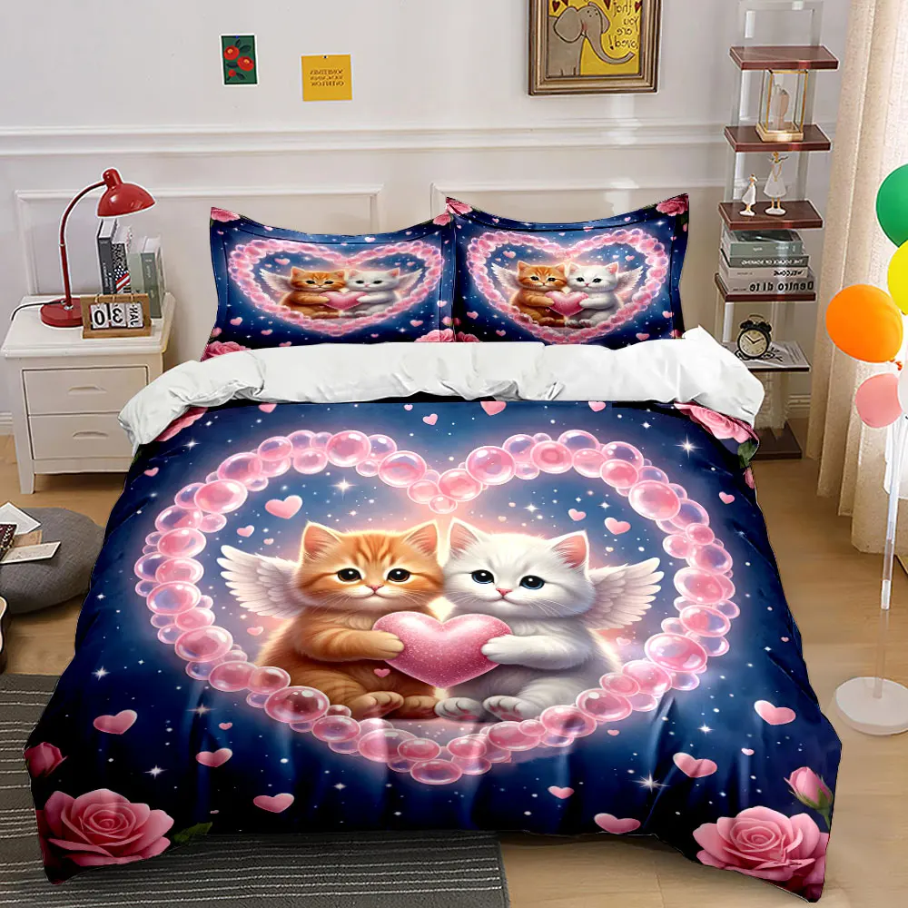 Cute angel cats in heart-shaped scene Print Bedding Set 1Duvet Cover 2Pillowcases for Adult and Children Luxury Gift Full Size