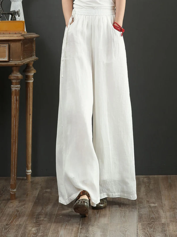 Pantaloni estivi a gamba larga in cotone e lino sottile da donna Pantaloni casual drappeggiati larghi a taglio dritto Pantaloni lunghi a vita alta per pendolari Sle