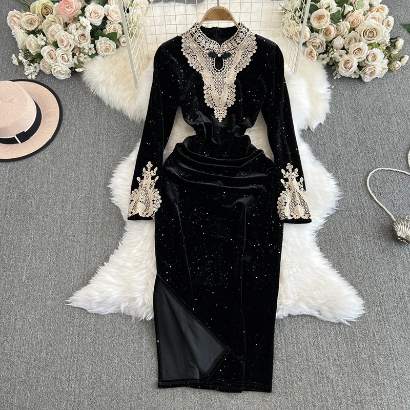 Evnisi-女性のためのエレガントなレースのドレス,モックネックスリムドレス,長袖,中国のチャイナドレス,ヴィンテージ,台形のパーティードレス