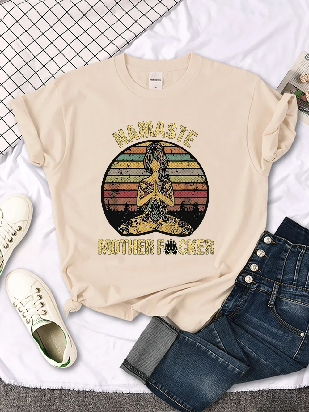 Vintage Namaste Mother Explicit Pattern Women T-Shirt O-Neck Creative T Shirts Fashion Breathable Crop Top Casual Sport T Shirt