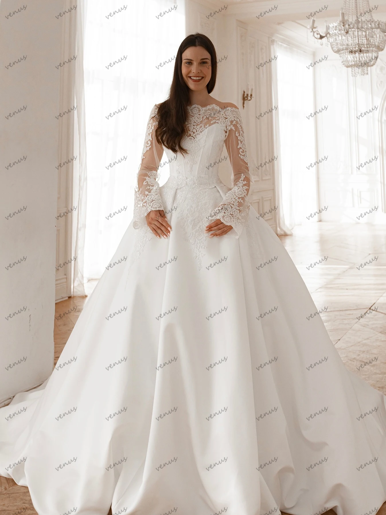 Vestidos de casamento elegantes, vestidos de noiva vintage, apliques de renda, uma linha, roupões de princesa, mangas largas, vestidos de novia personalizados