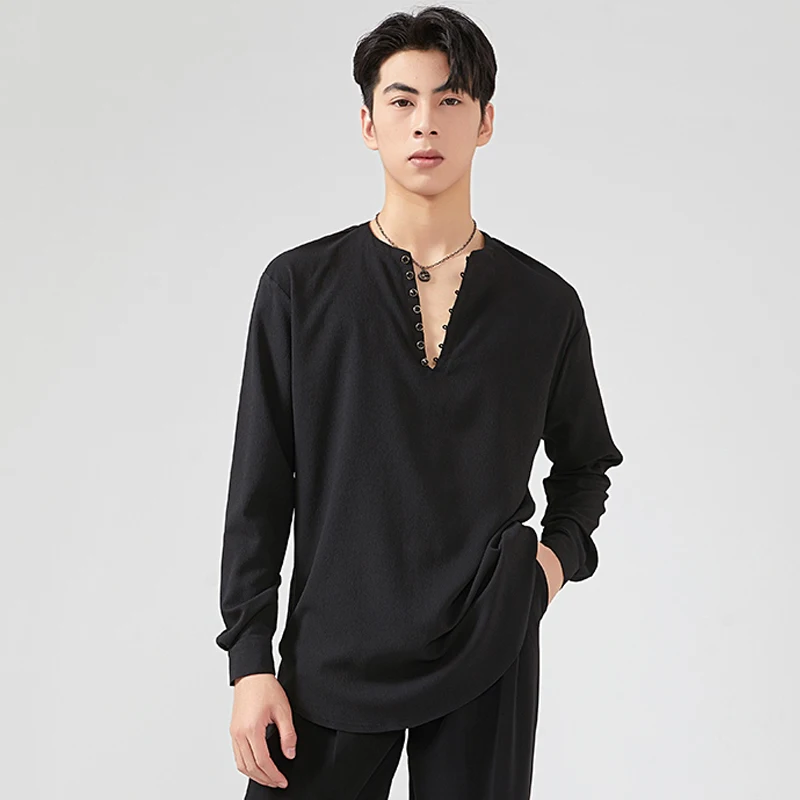 Adult Male Latin Dance Tops V Neck Long Sleeves T Shirt Men Latin Practice Clothing Rumba Cha Cha Ballroom Dance Clothes BL13066