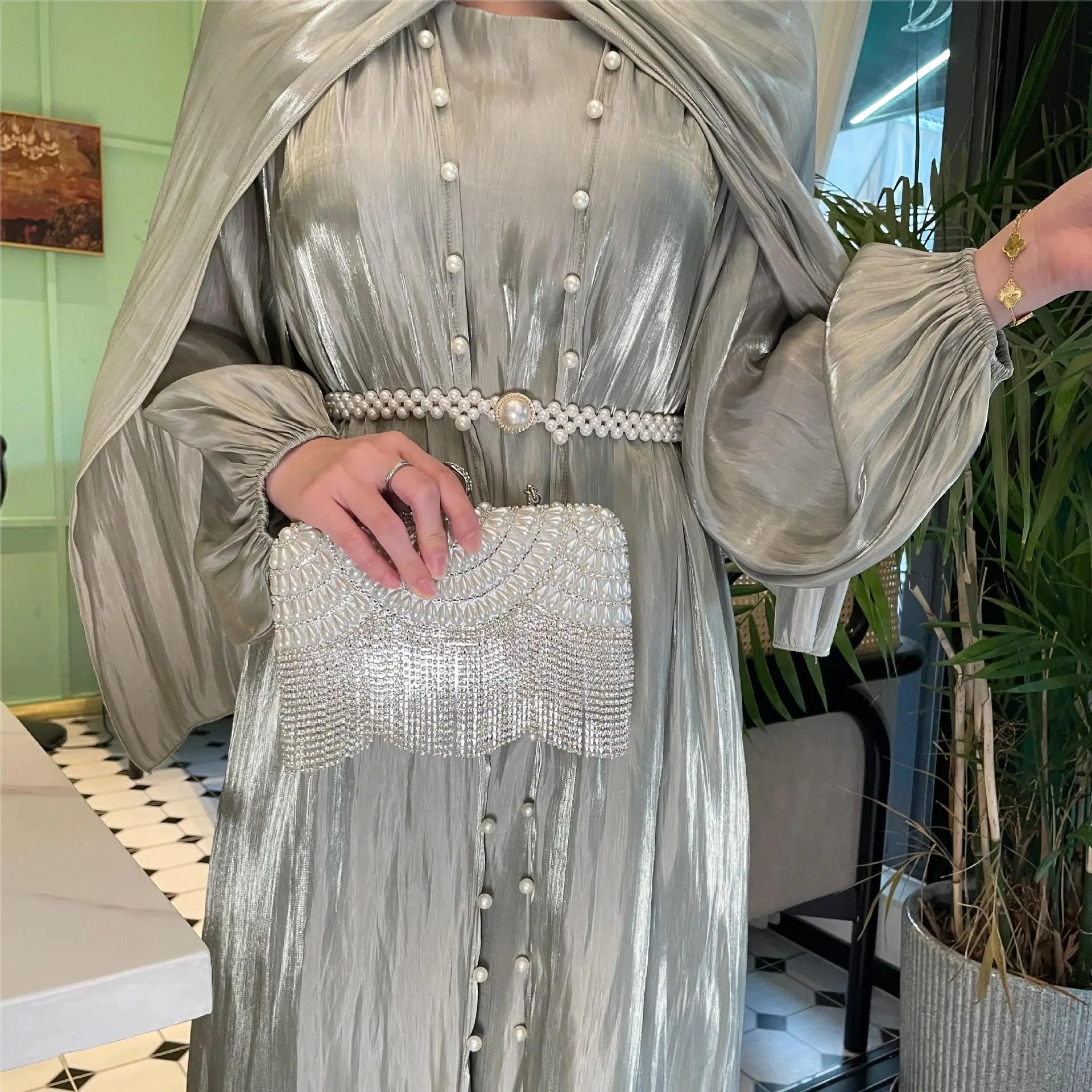 Nouveauté 2025 élégant musulman Abaya ensemble avec perle longue robe 3 pièces caftan islamique pour les femmes soirée
