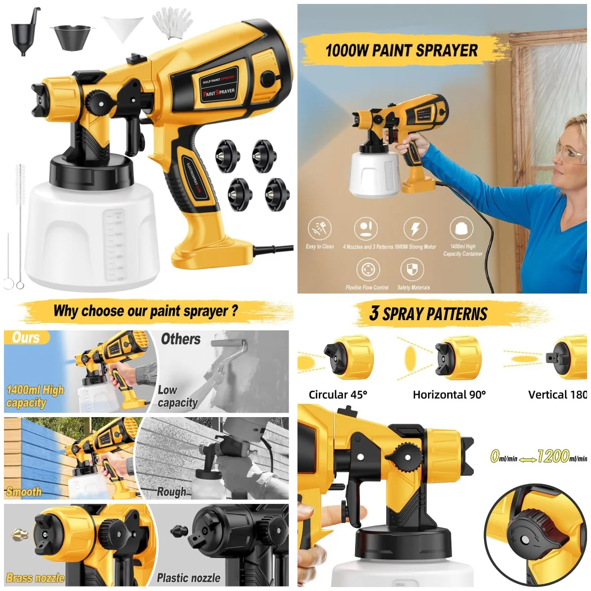 

800W Electric Paint Sprayer Gun, Easy Clean, for Furniture, Cabinets, Walls, Fence, Door, Garden Chairs - Yellow