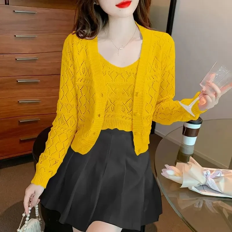 2023 Spring Autumn New Sweet and Westernized Hollow out Knit Cardigan Long Sleeve Top Short Tank Sweater Two Piece Set Fashion