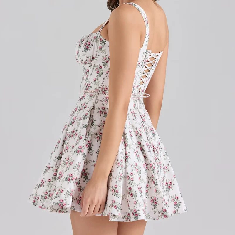 Jastie-vestido Sexy con tirantes finos y estampado de flores para mujer, vestidos cortos con cordones cruzados en la espalda, corte en A, para vacaciones, verano 2025
