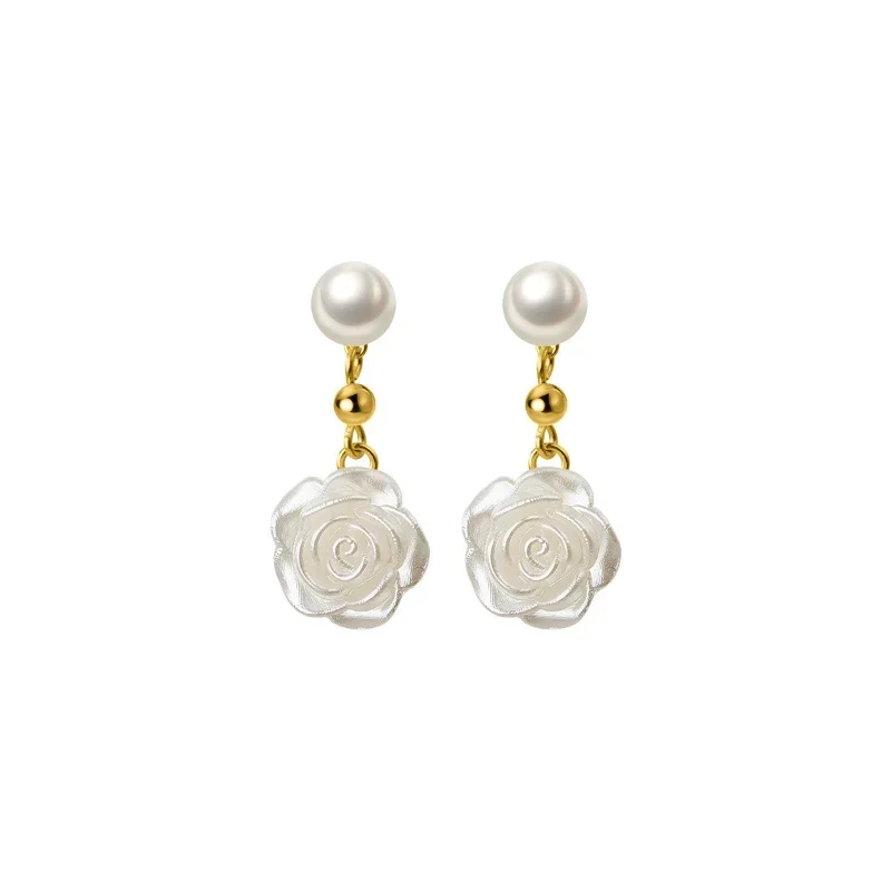 Minar Fashion White Color Natural Shell Camellia Flower Freshwater Pearl Pendant Drop Earrings for Women Girls Birthday Gifts - view 5
