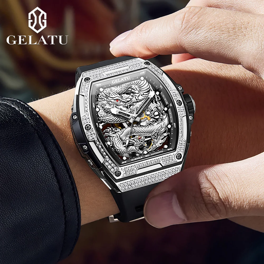 GELATU Top Brand Men's Watches Casual Fashion Silicone Strap Original Automatic Mechanical Wristwatch for Man Dragon-patterned