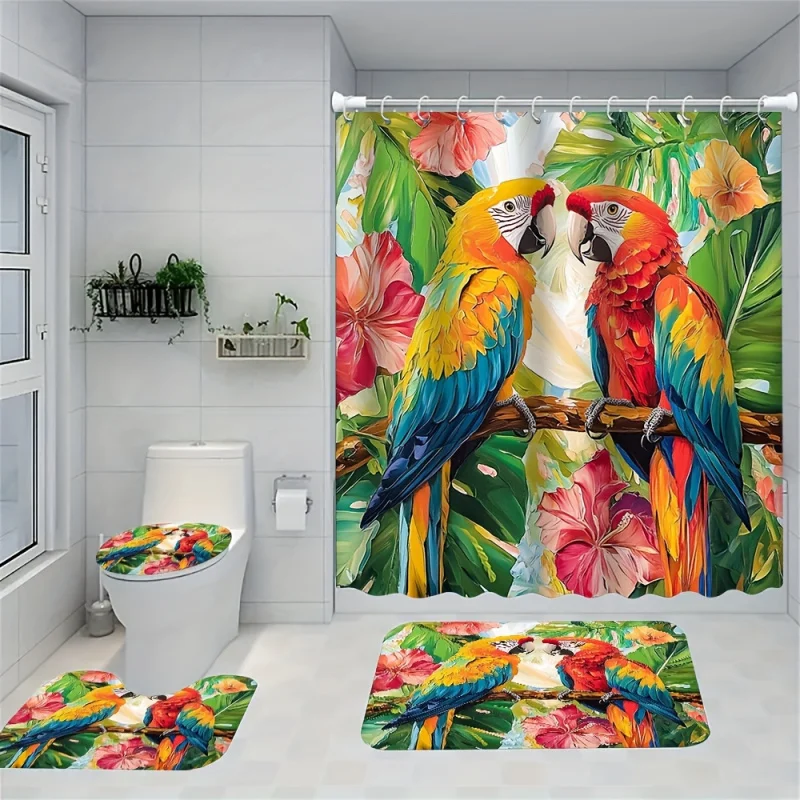 Parrot Print Bathroom Set: Includes 1/4 Pcs Shower Curtain, Non-Slip Mat, Toilet Seat Cover, Bath Rug, And 12 Free Hooks -