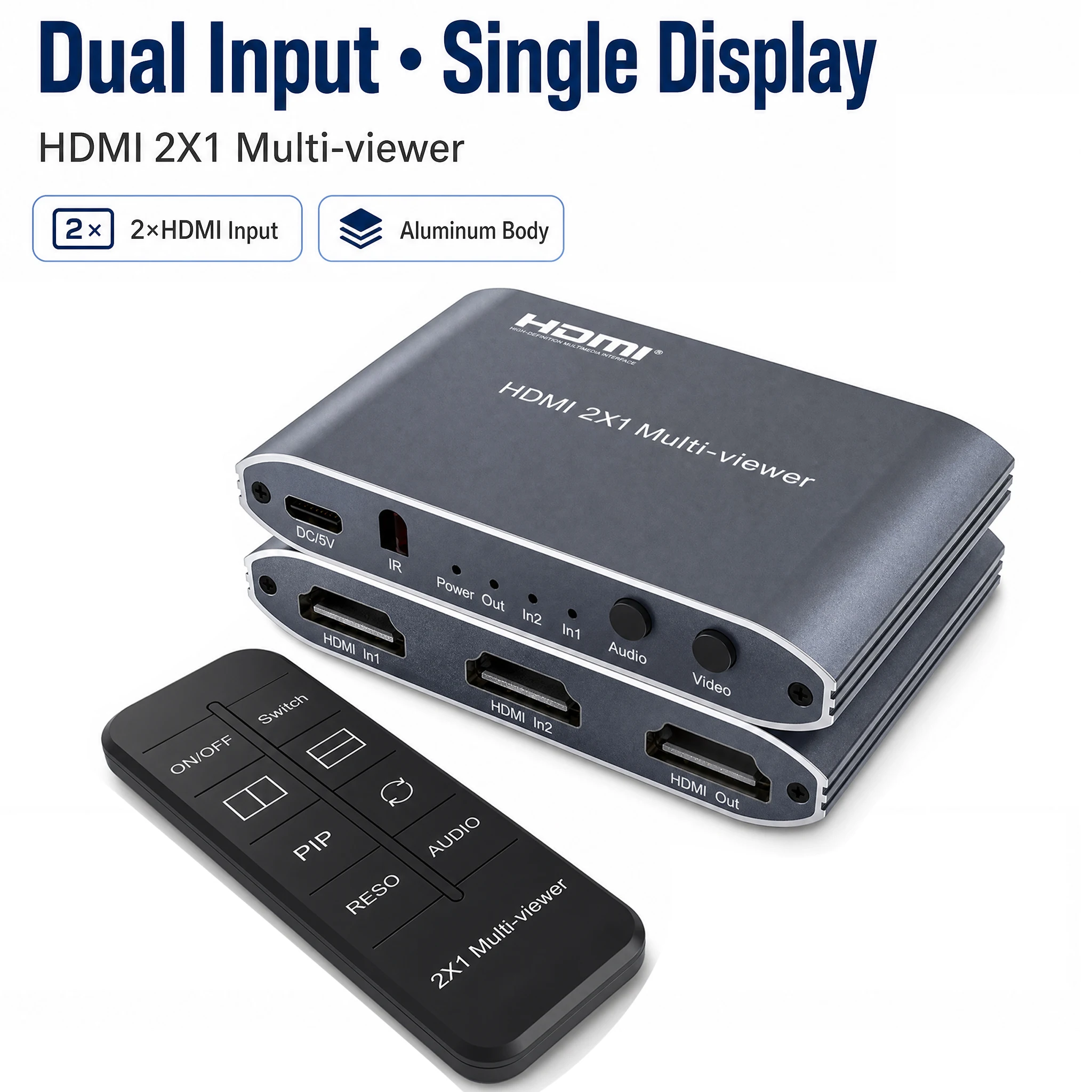 HDMI 2X1 Multi-viewer Switch 1080P 60Hz 2 Input 1 Output HDMI Splitter Seamless Switch PIP Side-by-Side Split Screen Display