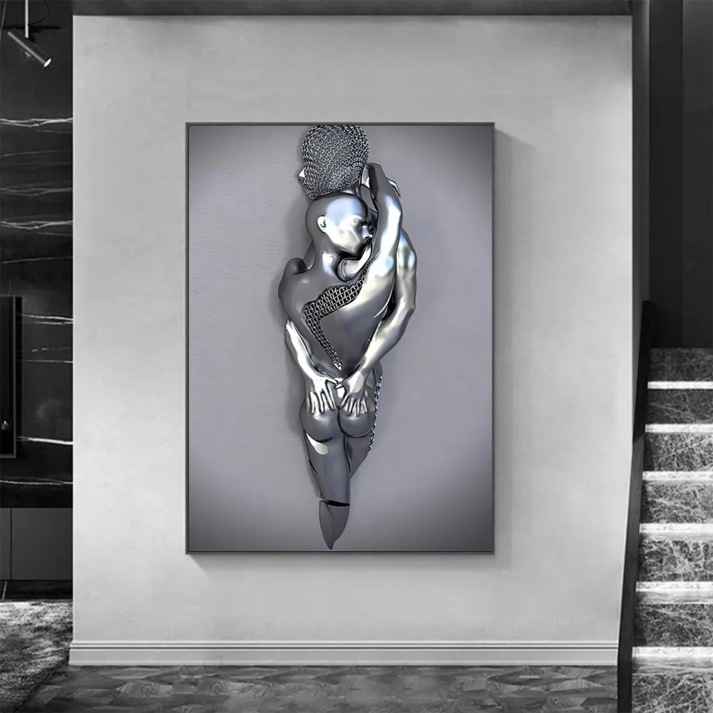 Nowoczesna metalowa figurka posąg obraz ścienny na płótnie plakat abstrakcyjna romantyczna para wystrój pokoju obraz Mural wydrukowana grafika