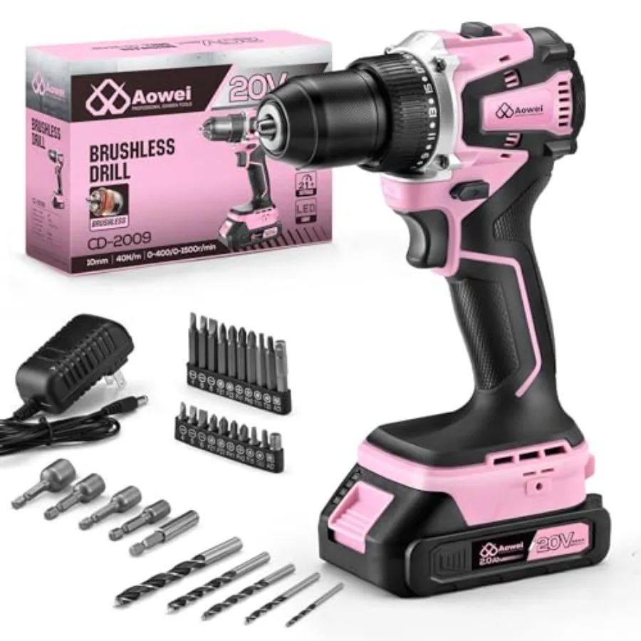 

20V Cordless Drill Electric Power Drill Driver with Battery Charger Power Drill Set Tool for Women Pink Drill Set 3/8 Keyless C