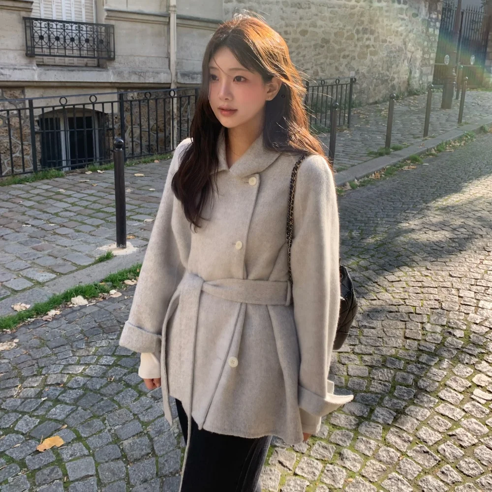 

Корейское женское шерстяное пальто, шикарное осенне-зимнее новое винтажное высококачественное пальто с поясом для мелких фигурок