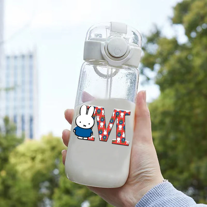 

400ML Miffy Series Transparent Water Bottle with Straw Cute Letter A-Z Portable Travel Fitness Sport Leakproof Drinking Cup Gift