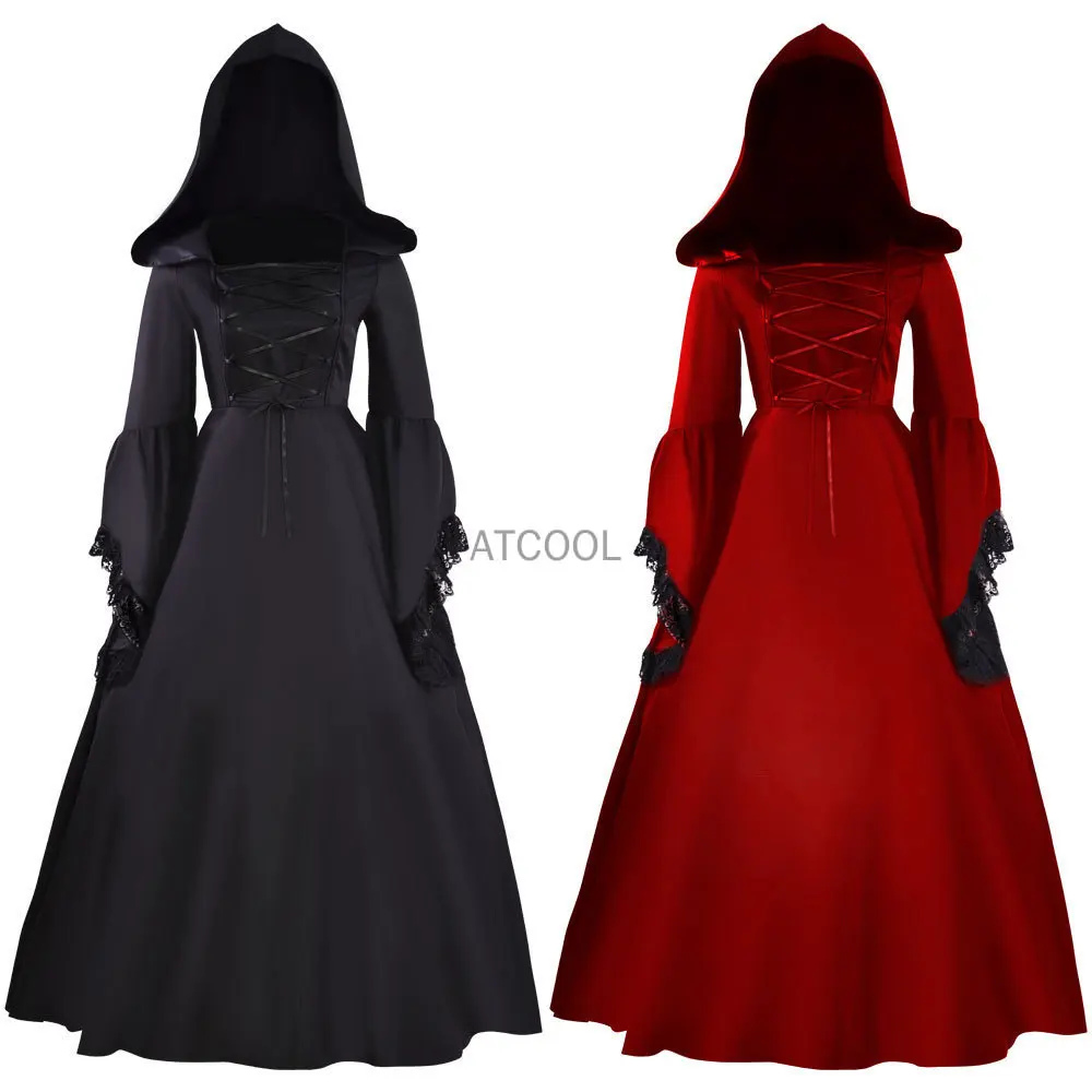 

Medieval Gothic Maxi Dress Women Steampunk Victorian Hooded Party Gown Halloween Witch Csoplay Fancy Outfit S-4XL