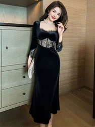 French Sexy Prom Dresses Women Celebrity Retro Black Sheer Hook Flower Lace Hollow Out Long Fishtail Robe Party Banquet Vestidos