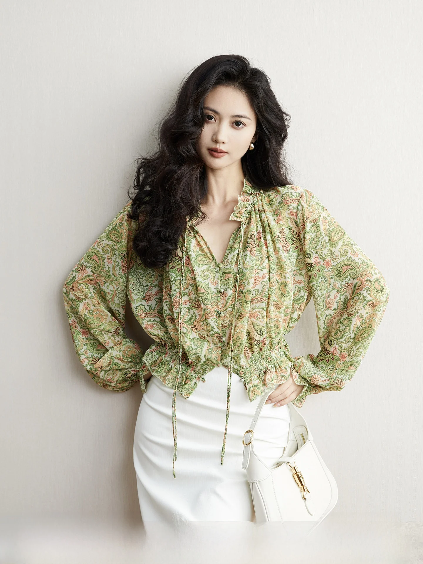 

Elegant Long Sleeve Shirt Women's TAIYANG OFFICE Wood Grain Bow Waist Slimming Top Breathable Polyester Spring Fashion