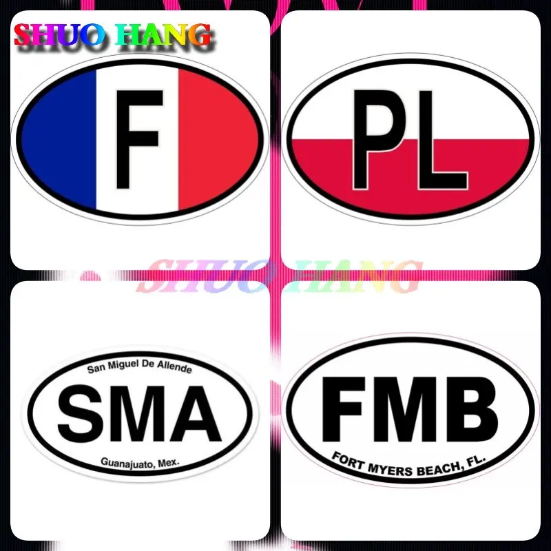 Car Sticker Oval Flag Vinyl Country Code PL Poland Country Code F France SMA San Miguel De Allende Mexico Fort Myers Beach