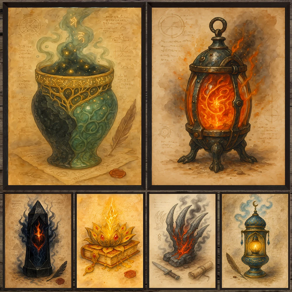 

Pandora Jar And Magic Lamp Stove,Abstract Wall Art Canvas Painting,Witchcraft Cauldron Pagan Decor Poster Print,Wizard Gifts