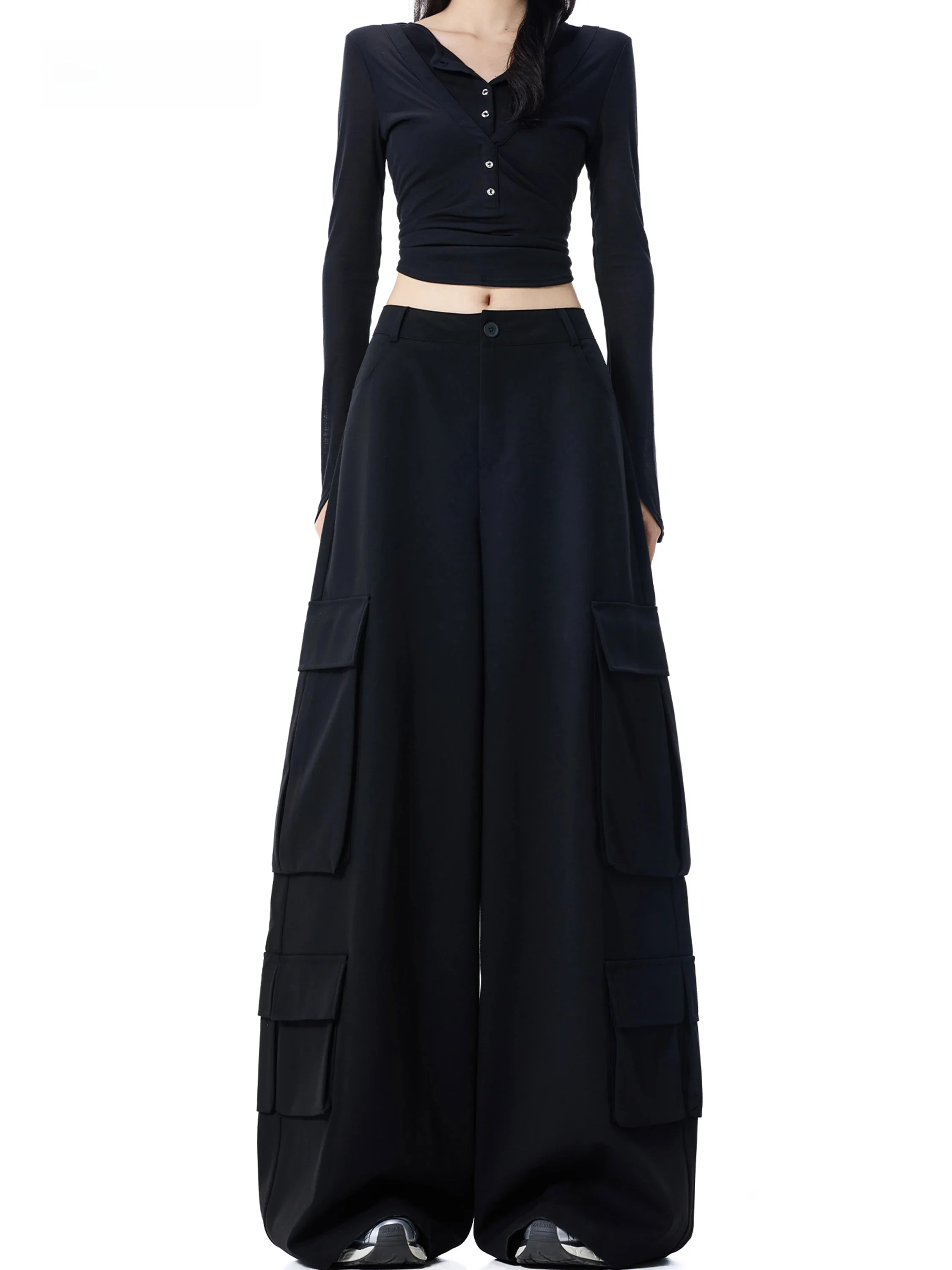 Black Wide Leg Casual Pants Women's Belted Multi Pocket High Waist American Street Style Cool Girl Workwear Design Breathable