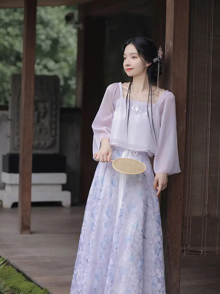 2024 Chinese improved national style chiffon hanfu element set improved casual daily girl vintage printed hanfu dress set a268