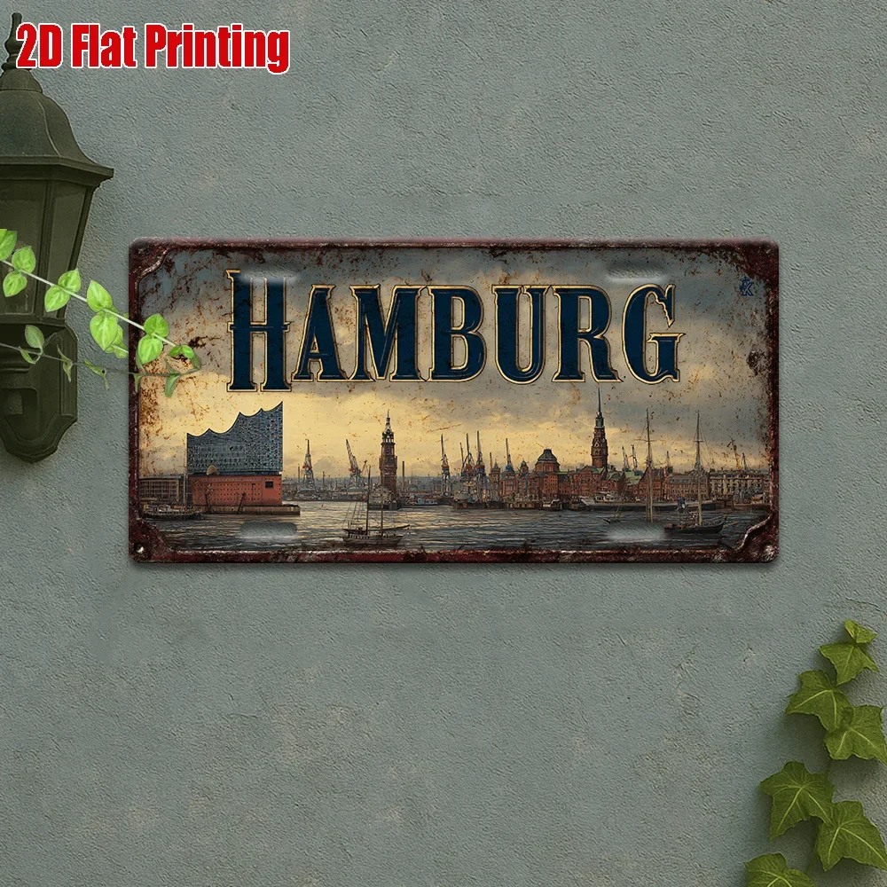 2D Flat,1pc, Vintage Metal Sign, for Decorationg Only, Outdoor Wall Art (30cm x15cm), Hamburg Germany City Retro Aluminum Sig