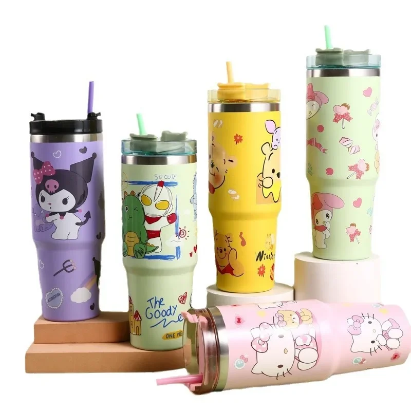 Kawaii Hello Kitty 900ML Thermos Cup Anime Sanrio Kuromi Cinnamoroll High Capacity Car Cup 304 Stainless Steel Vacuum Coffee Cup