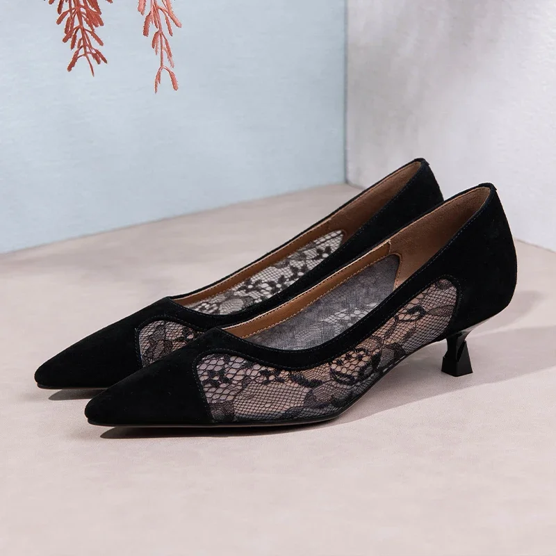 French Style Sexy Lace Hollow Small Heel Single Shoes Black Mesh Pointed Frosted Leather Comfortable Scoop Shoe Mid-heel Sandals