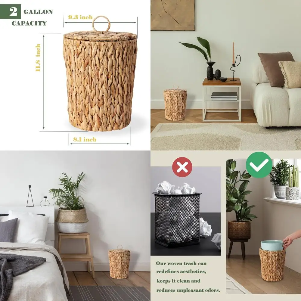 

Boho Style 2-Gallon Wicker Trash Bin with Lid and Removable Liner for Home & Office Use