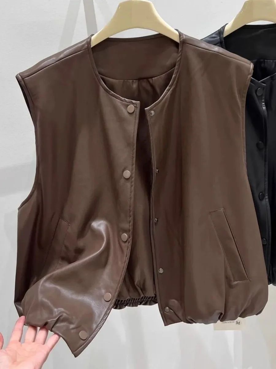 

Модный женский жилет из искусственной кожи с круглым вырезом, весна 2026, новинка, многослойный, в корейском стиле, повседневный топ-куртка