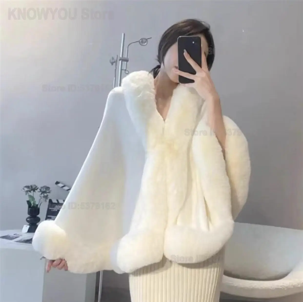 All Winter New Women Long Oversized Knit Cape Faux Rabbit Fur Collar Heavy Warm Poncho Shawl Elegant Party Outerwear