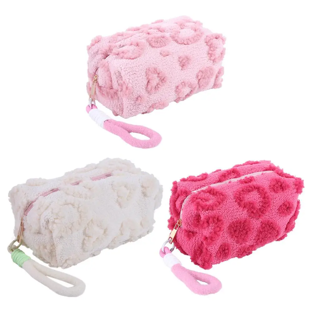 

Zipper Soft Plush Makeup Bags Cute with Handle Travel Organizer Love Heart Print Portable Cosmetic Storage Bag Winter