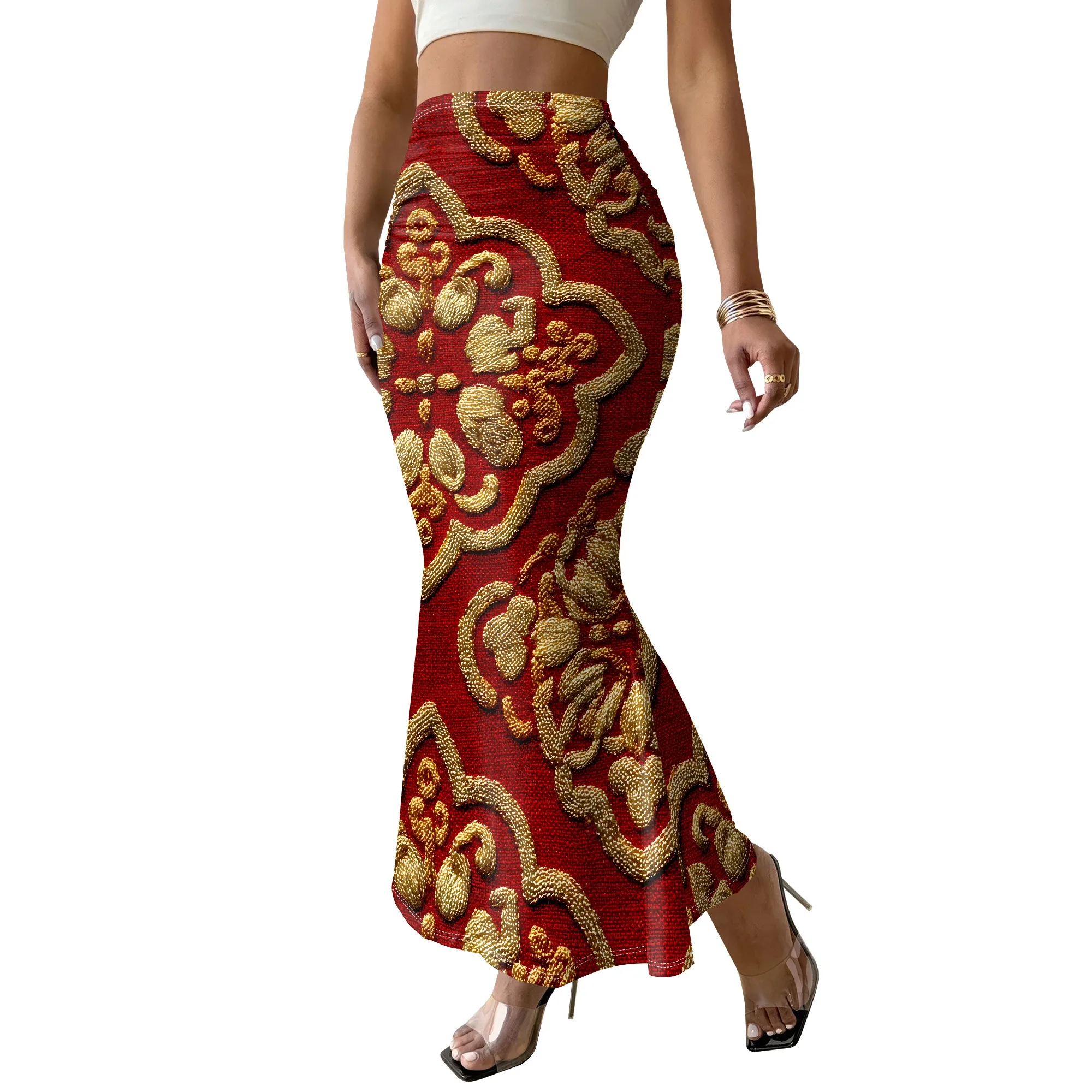 Vintage Floral Mermaid Skirt, Gold Embroidered Long Skirt, Red Boho Maxi Skirt, High Waist Party Evening Wear for Women S-2XL