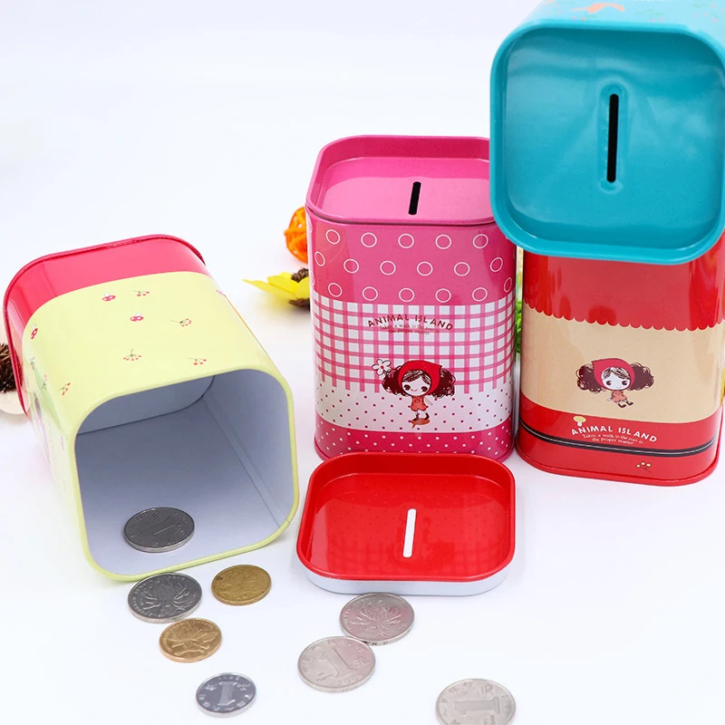 Cute Girls Metal Square Piggy Bank Unbreakable Coin Storage Box Jewelry Storage Mini Tin Bank Saving Money Box Home Decoration