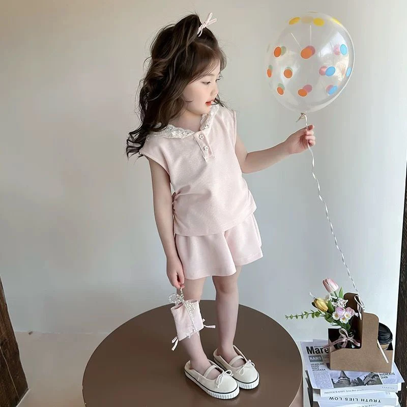 Girls Lace Hoodie Vest Shorts Set Summer Sweet Solid Color 2 Piece Outfit Cute Casual Tracksuit For Little Girls Holiday Wear