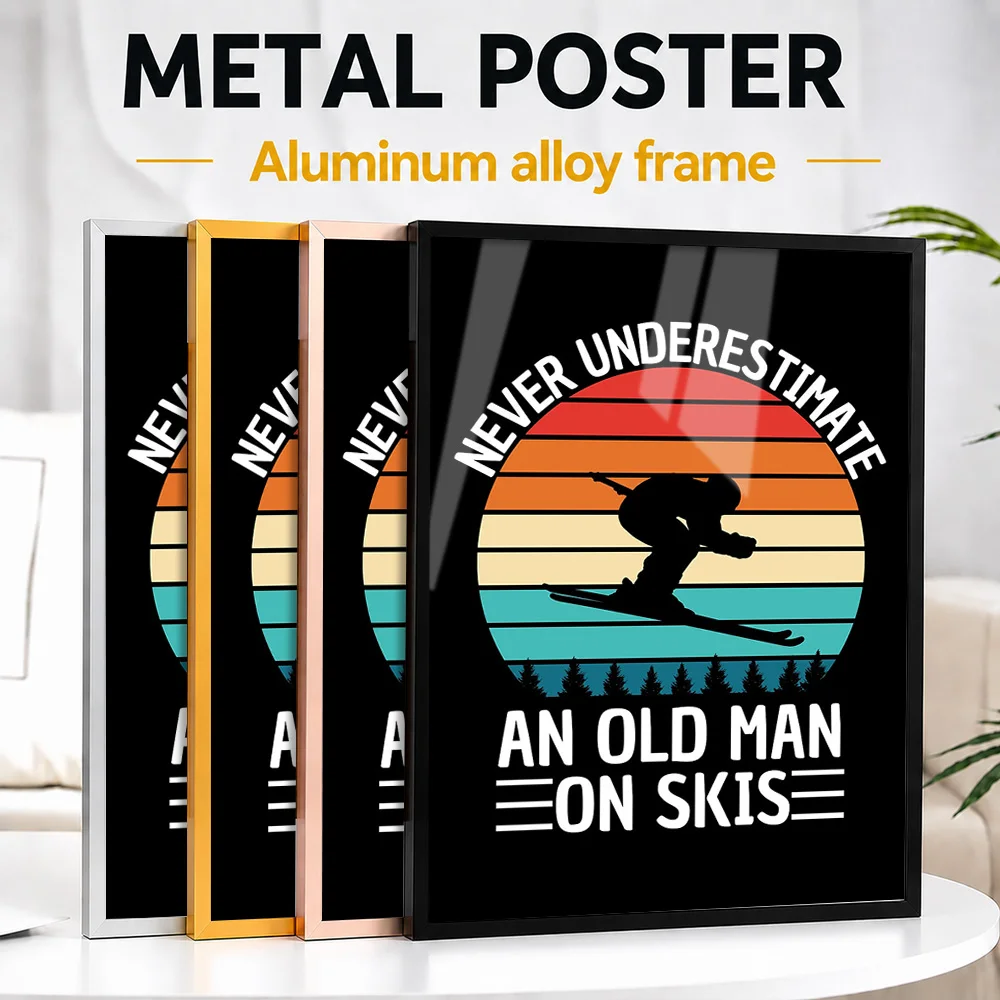 Never Underestimate An Old Man On Skis Framed Aluminum Metal Poster Personalized Photo Vintage Resort Style Wall Art For Cabin